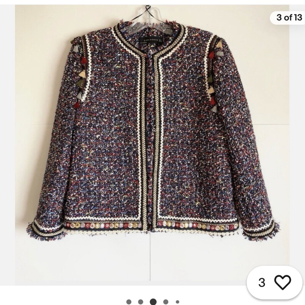 Zara Black and White Cropped Blazer with Embellished Trim